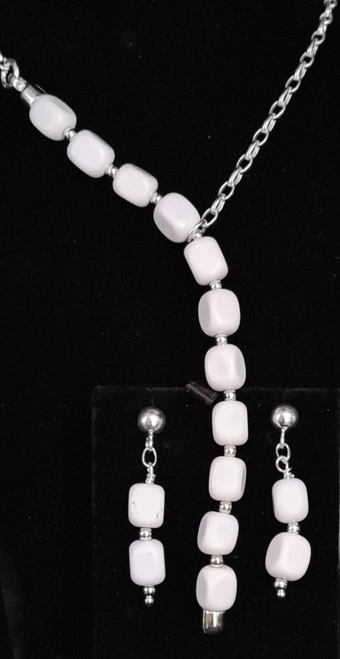 925 Sterling Silver White Agate Necklace Earring Set on 16" 41cm Trace Chain - Изображение 4 из 4