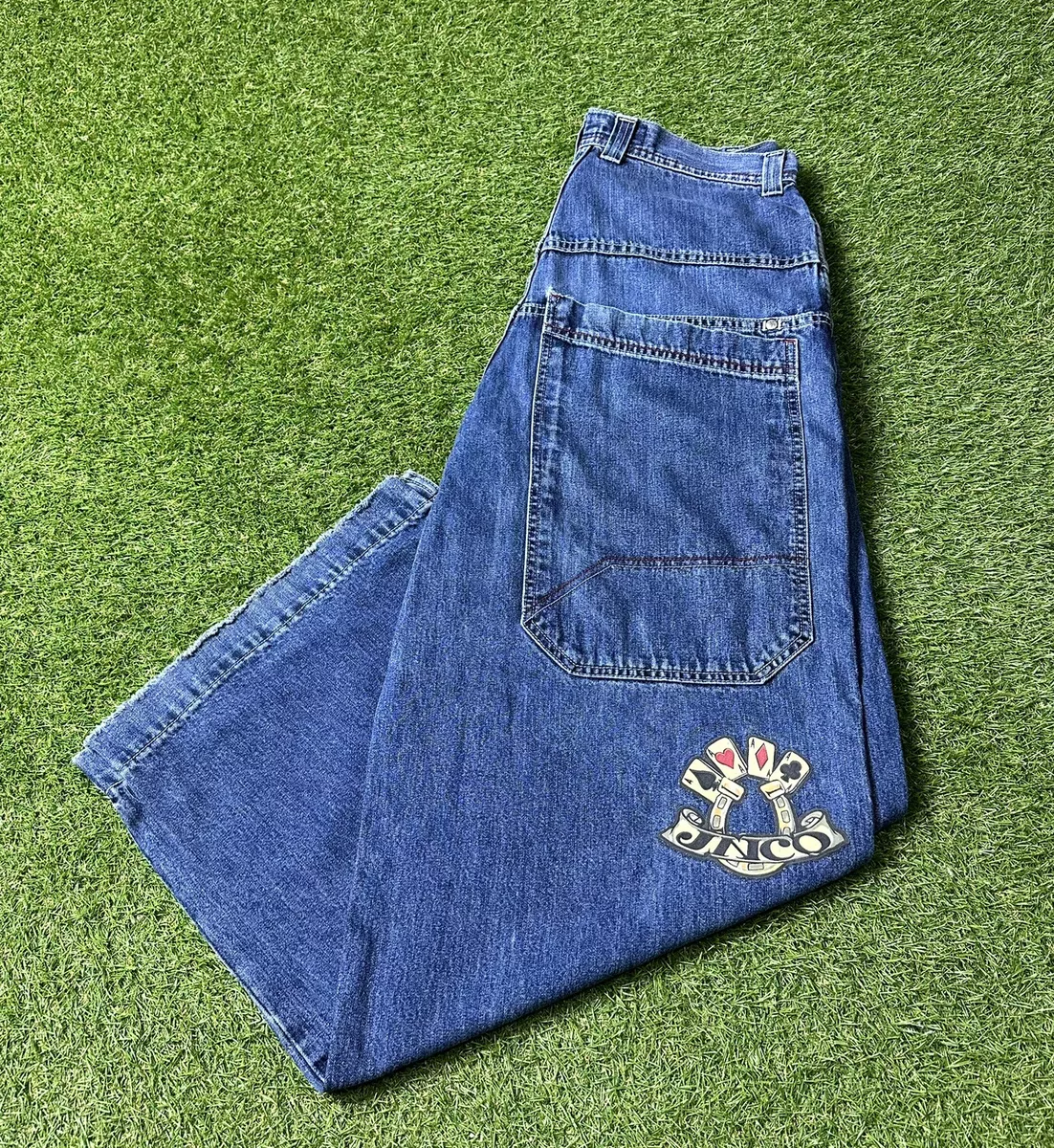 JNCO Vintage 90s Double Pockets Dice Aces Wide Leg Skate Denim Blue Jeans 36x32