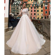 Abiti da sposa eleganti pizzo coperti bottoni schiena abiti da sposa tulle spazzata treno