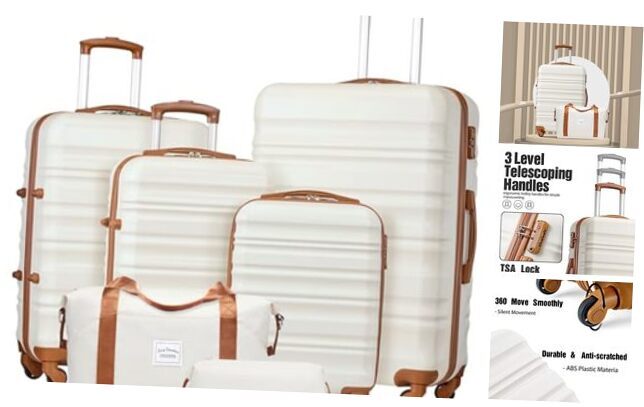 LONG VACATION Luggage Set 4 Piece Luggage ABS hardshell 6 piece set WHITE-BROWN