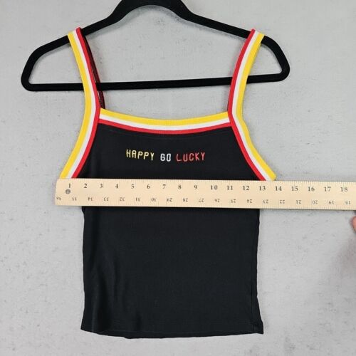 FORVER 21 Tank Top Womens S Black/Yellow/Red "Happy Go Lucky" Ribbed Summer Cute - Picture 3 of 6