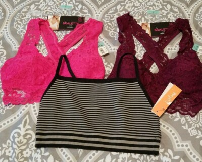 Bralette Small Lace Crossback - No Boundaries Pink/Wine & Colsie Brami -- 3 Bras