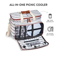 25 Pc Deluxe 4 Person Picnic Set Stripe Soft Insulated Cooler Bag FREE SHIPPING