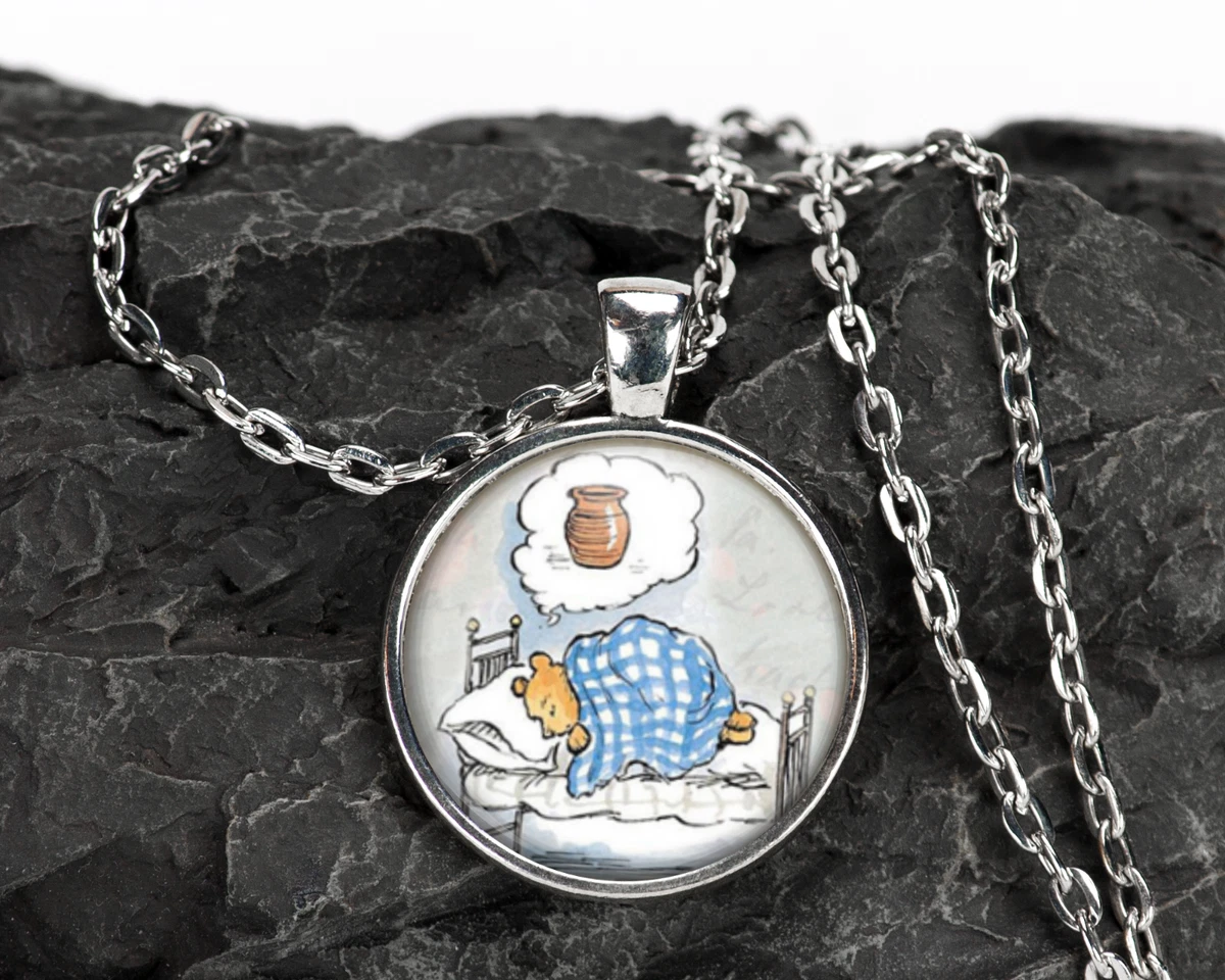 Winnie the Pooh Art Bronze or Silver Glass Pendant Necklace 20 or