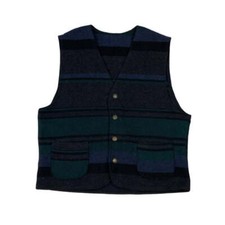 Vintage Blue Black Grey Green Striped Wool Waistcoat M L 16 18