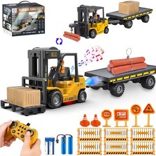 RC Forklift Toy with Trailer, Kids Forklift Construction Toys Set with Flatbe...