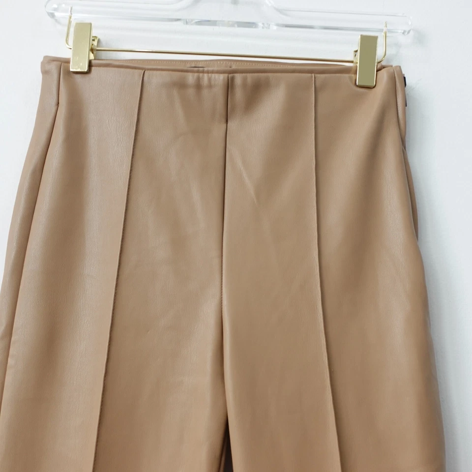 Zara Pants Womens Small Leather Skninny Ankle Pleated High Waisted Faux Tan - Image 2 of 4