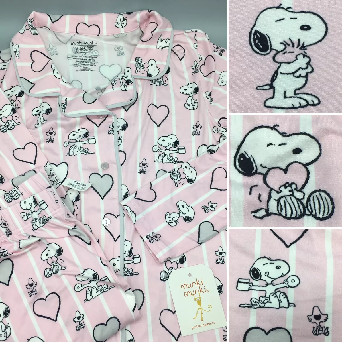 2pc Munki Munki Snoopy Womens Pajama Set Lounge Pants Pink Love Hearts S M  L XL