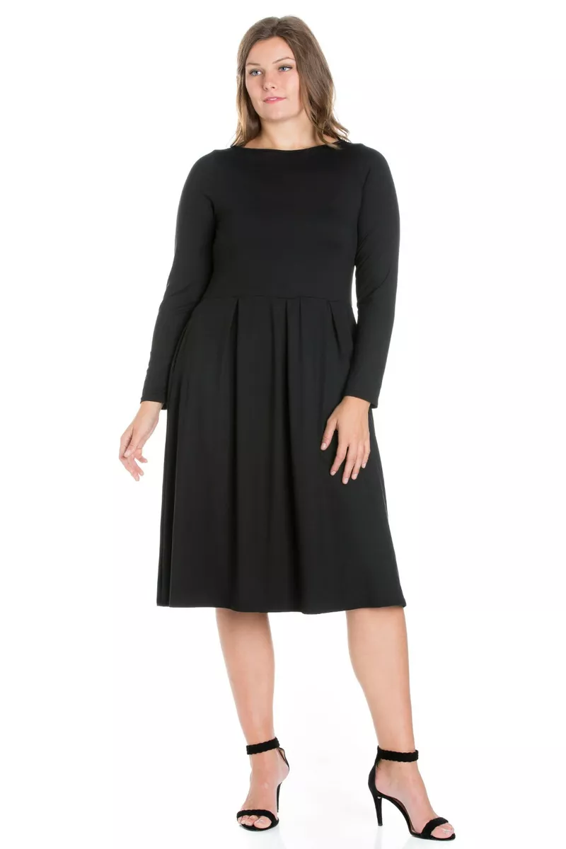 24seven Comfort Apparel black Long Sleeve Fit & Flare Midi Dress  Pocket,size 2X