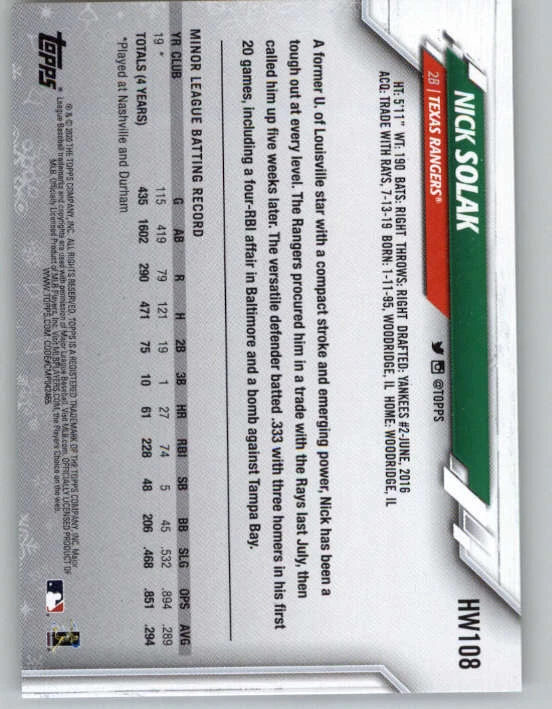 2020 Topps Walmart Holiday Metallic #HW108 Nick Solak (ref 150401) - Image 2 of 2