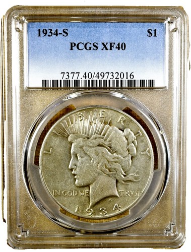 1934-S Doubled Tiara $1 Peace Silver Dollar with XF Detail Cleaned