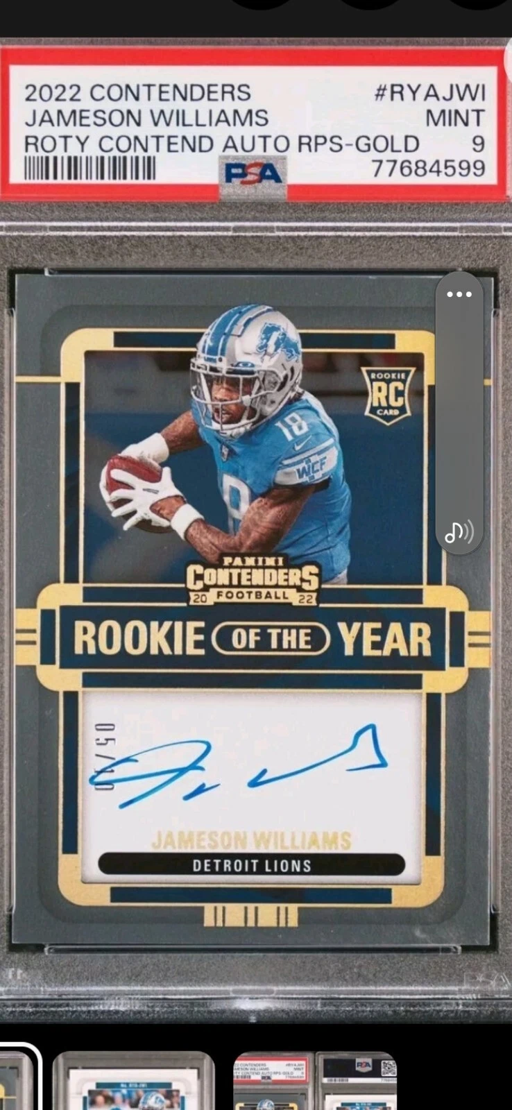 Jameson Williams Panini Contenders Rookie of the Year Contenders Autographs Rps #RYAJWI Gold