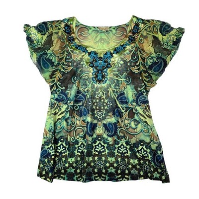 Energe World Wear Paisley Medallion Top Women L Green Blue Beaded Boho Blouse