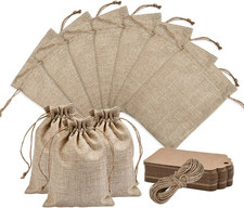 50Pcs Burlap Bags with Drawstring, 5X7.5 Gift Bag Bulk Pack with 50 Pcs Paper Ta