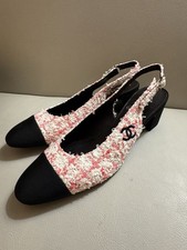 Chanel Pink Glittered Tweed Slingbacks Pumps Heels shoes Size 37.5/US Size 7.5