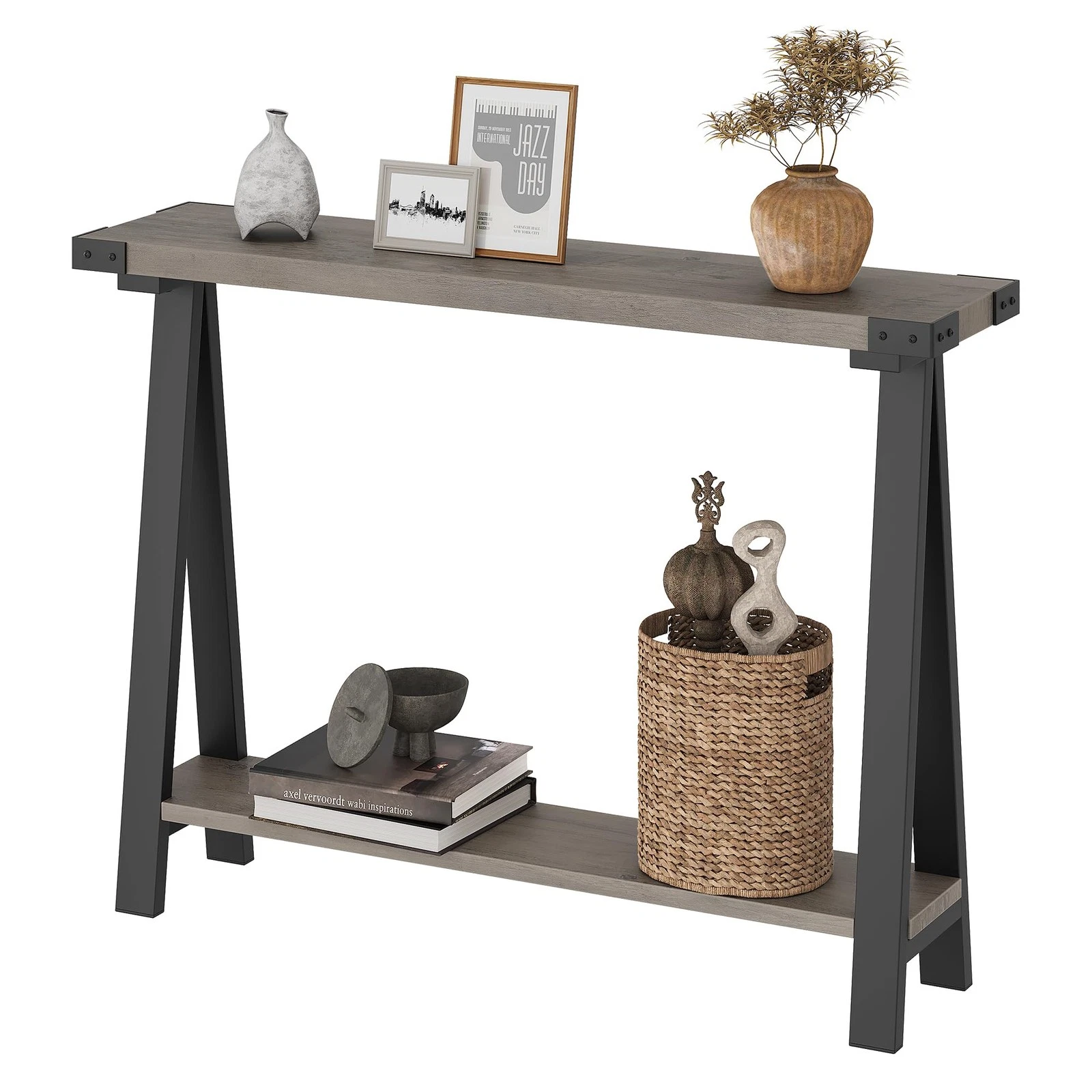 Farmhouse Console Table, 43.3" Entryway Table with Storage, 2 Tier Sofa Table...