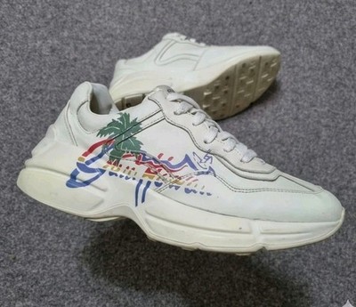 Gucci Women Shoes Rhyton Hawaii Palm Tree Leather Sneakers Ivory Women Size 8 Us
