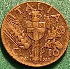 ITALIA IMPERO MONETA 10 CENTESIMI 1941 ERRORI DI CONIO DATA E FIRMA VERSO BORDO