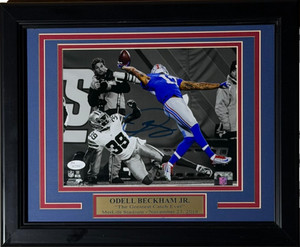 ODELL BECKHAM SIGNED AUTOGRAPHED NY Giants "The Catch" 8x10 PHOTO FRAMED JSA