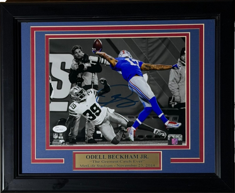ODELL BECKHAM SIGNED AUTOGRAPHED NY Giants "The Catch" 8x10 PHOTO FRAMED JSA