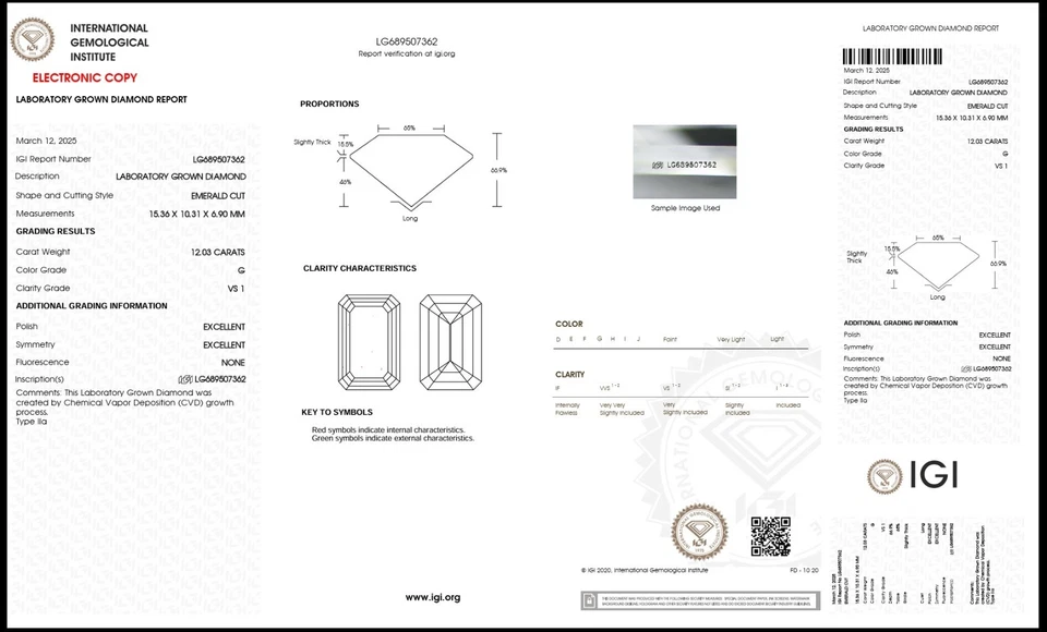12.03 Emerald Lab Grown Diamond For Engagement Ring IGI Certified G VS1 - Image 4 of 4