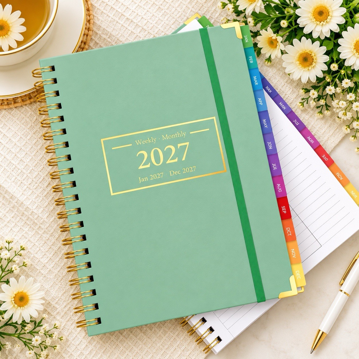 2027 Weekly & Monthly Spiral Planner Green Tabbed Dividers Elastic Jan–Dec