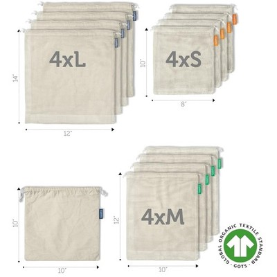 Reusable Produce Bags - 12+1 Pack, Organic Cotton