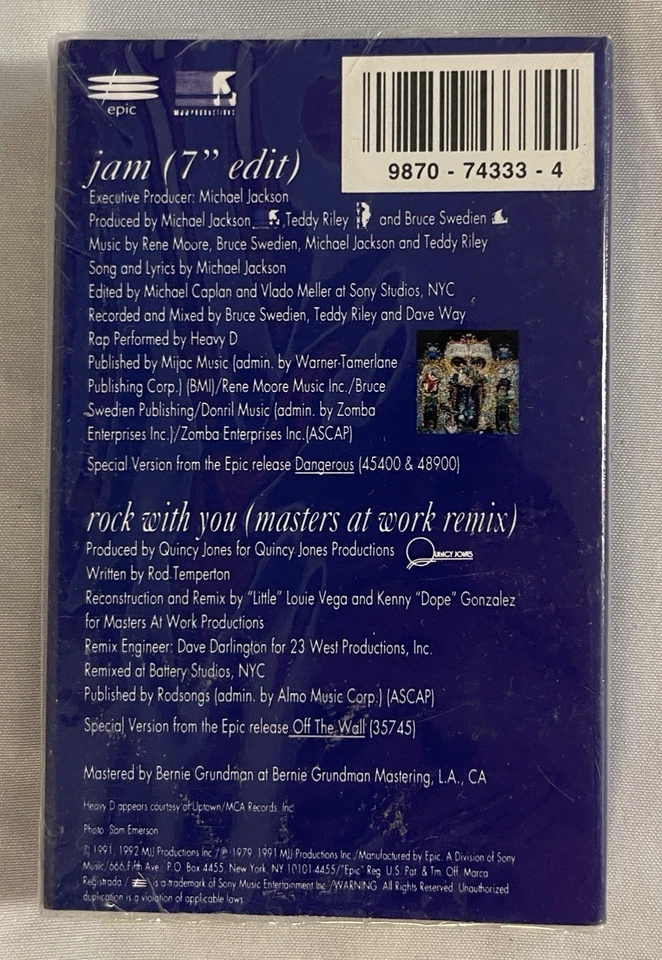 FACTORY SEALED 1991 Michael Jackson Jam Cassette Single Tape 34T 74333 - Image 2 of 2