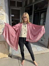 Vintage Silk Oversized Wrap Scarf Floral Border Print 70x44  Pink  Cream