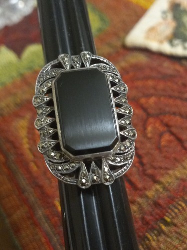 Art DECO VINTAGE STERLING SILVER ONYX AND MARCASITE RING Huge. Size 7 - 第 1/10 張圖片