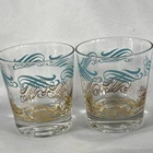 Federal Glass Vintage Rocks Glasses Turquoise Gold Scroll Set/2 MCM ATOMIC Retro