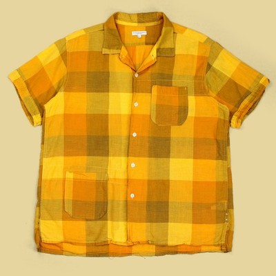 Engineered Garments Orange/Yellow Check Plaid Cotton Linen Camp Shirt L USA