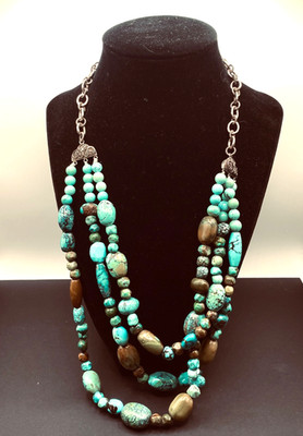 Three strand mixed turquoise with filagree silver end caps necklace