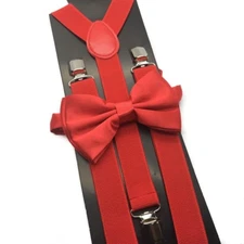 Red Clip on Bow-Tie & Suspender Set Tuxedo Wedding Formal Prom (USA Seller)