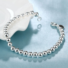 Womens 925 Sterling Silver 6mm Beads Ball String Chain Fashion Bracelet B439