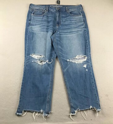 American Eagle Jeans Womens 18 Regular Blue Denim Ripped Raw Hem Cropped NWT