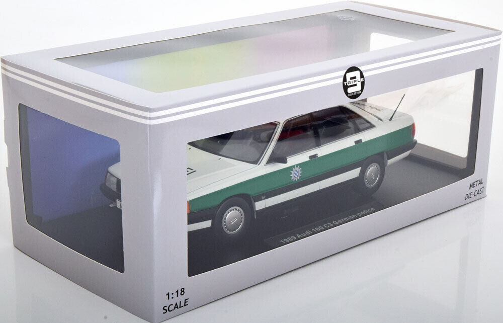Miniature Audi 100 C3 Police Allemande 1989 – Triple9 1/18, Blanche Et Verte