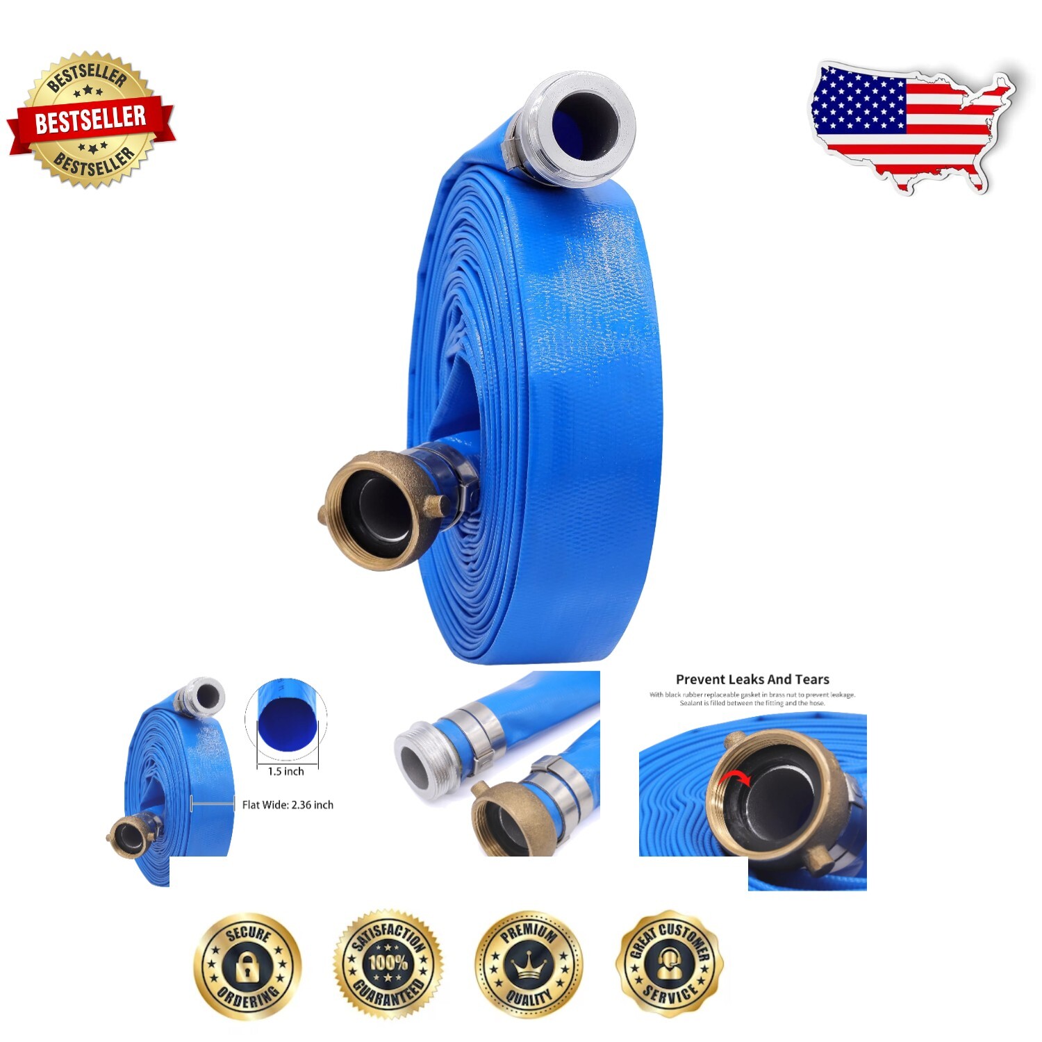 Versatile 50' PVC Discharge Hose with Brass Fittings - Ideal for Swimming Pools