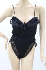 Vintage Chic Lingerie Black Lace Teddy M Flounced Ruffle Open Snap Gusset USA