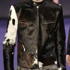 Men's Western Cowhide Hair-On Pony Skin Leather Jacket Cowskin Coat   Custom Fit