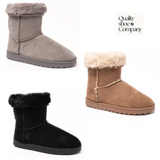 LADIES WOMENS FLAT FAUX FUR LINED SNUGG SLIP ON WARM WINTER ANKLE SHOES BOOTS