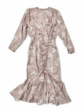 Vintage 80s Blouson Jacquard Drape Midi Dress Sz S Powder Pink Elegant Ladylike