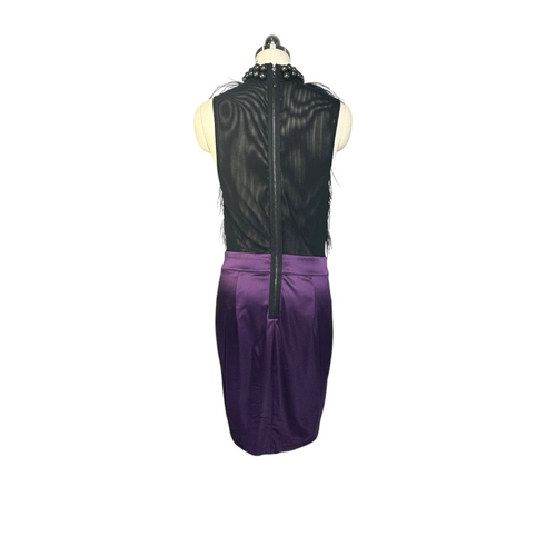 Bebe Black and Purple Beaded Feather Top Cocktail Dress | L - Picture 2 of 7