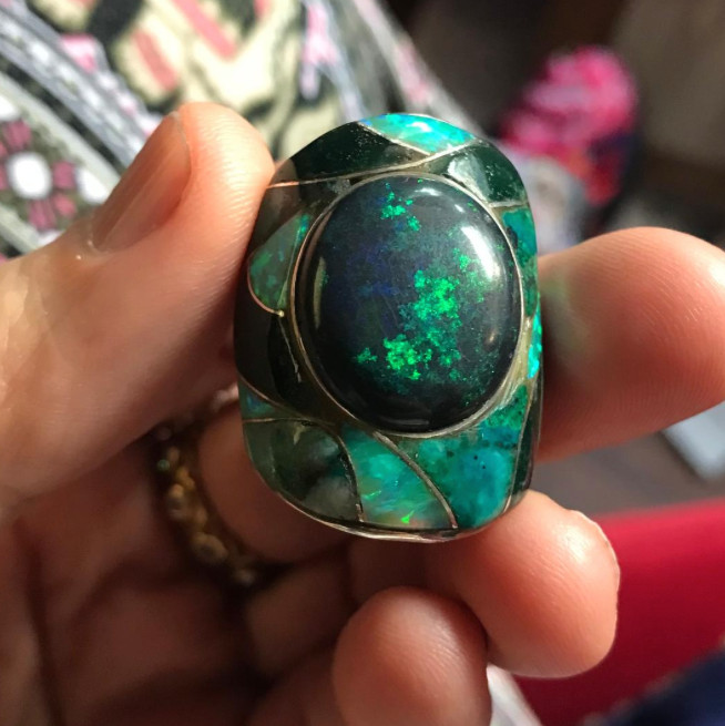 (B) Opal Ring Large Black Andamooka Opal and Inlaid O… Gem