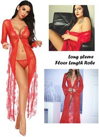 Sexy Lingerie Women Long Lace Kimono Robe Dress Sheer Gown See-Through Sleepwear