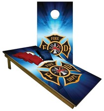 CORNHOLE BEANBAG TOSS GAME Fire Department Blue w Bags Game Board Set