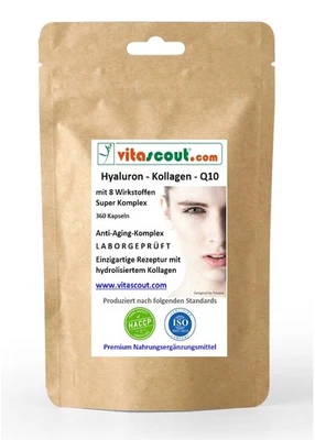 WWW.VITASCOUT.COM Hyaluron Kollagen Q10 Komplex 360 Kapseln – Vitamin C, Biotin Zink Selen Mangan