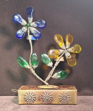 Blue/Yellow Sea glass handcrafted metal and glass sculpture, a candle