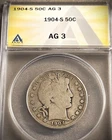 1904-S SILVER BARBER HALF DOLLAR ** ANACS AG 3 **  PROBLEM FREE COIN  (7996)