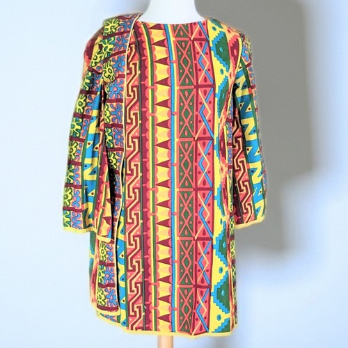 Vintage 80s African Kente Dashiki Shift Coat Dress Tunic Geometric Multicolor